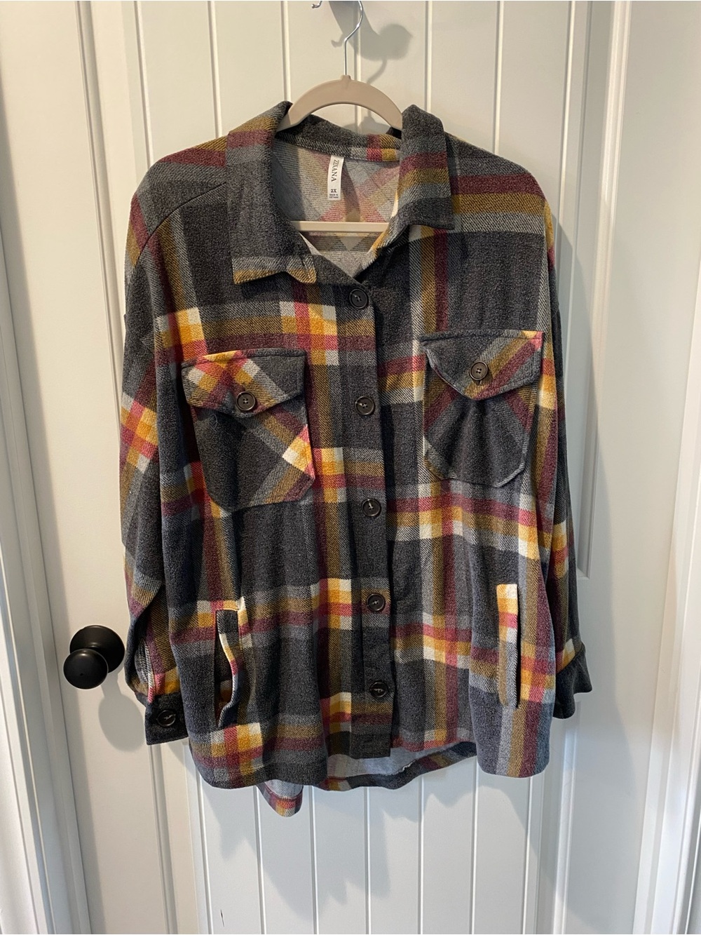 Zenana Outfitters Gray Plaid Button-Down Shirt Jacket with Yellow & Red Accents